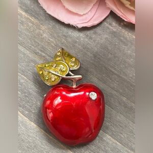 Vintage Enamel Red Apple Brooch with Green Leaf Accents